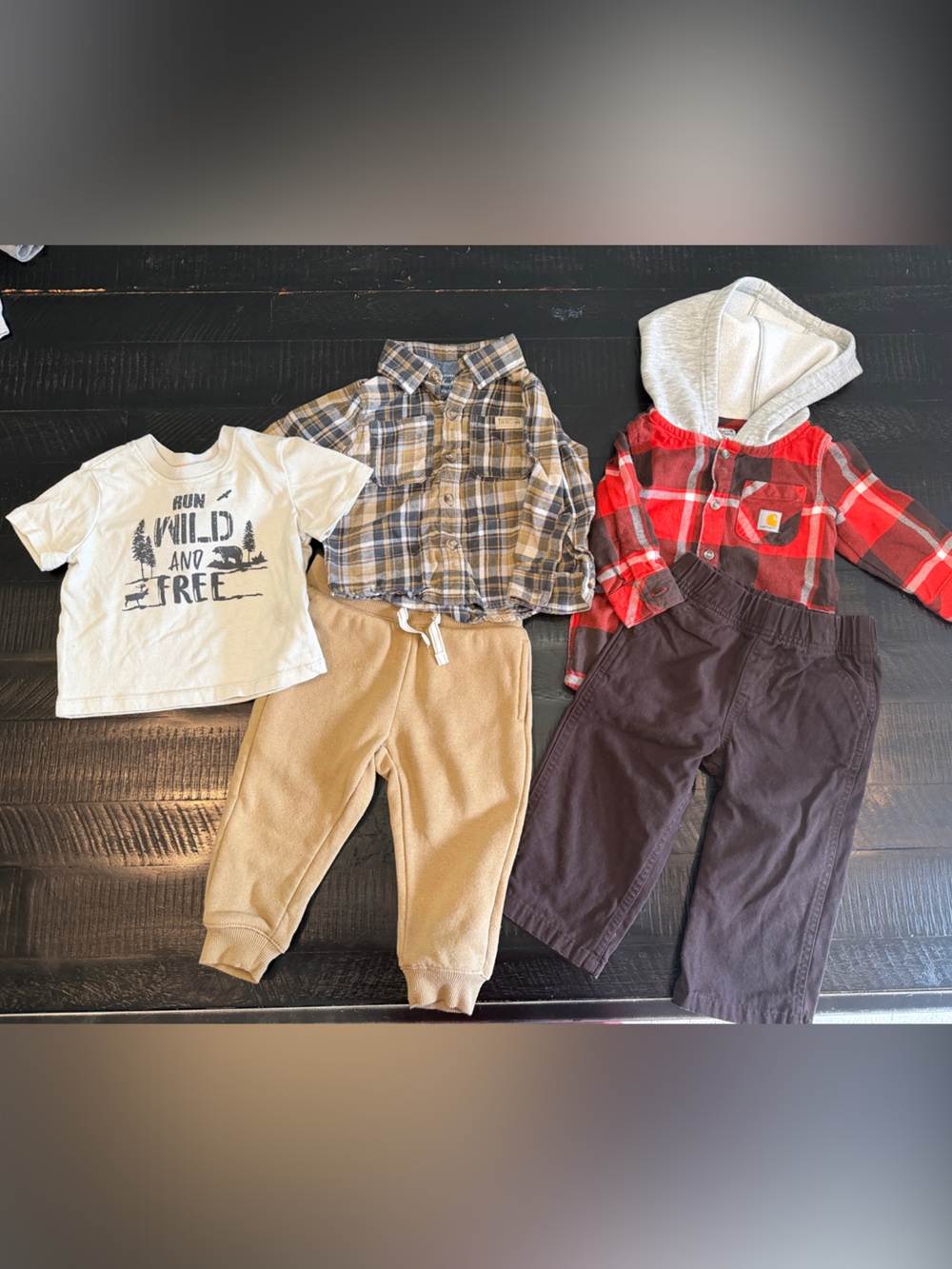 Carhartt Red Plaid Hooded Shirt with Brown Pants Kids Outfit